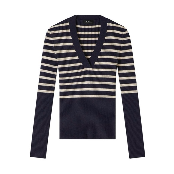 A.P.C. Sweaters - A.P.C. Women's V-Neck Sweater in Dark Navy and Ecru Stripes
